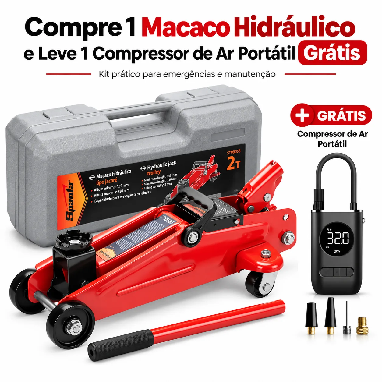 Macaco Hidráulico Jacaré com Maleta Sparta + Compressor de Ar Portátil Grátis
