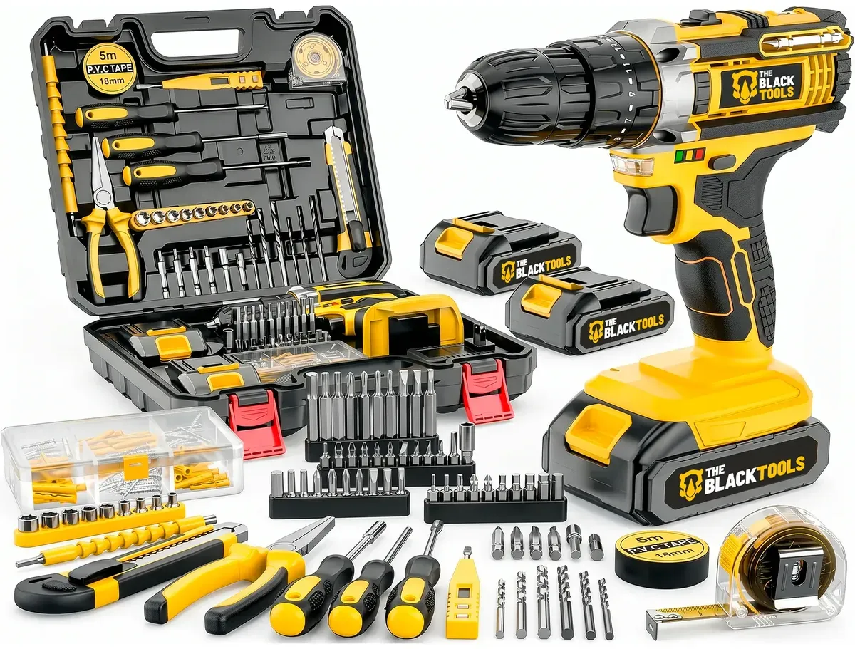 Parafusadeira Furadeira de Impacto 21V The Black Tools + Kit Completo 136 Peças com Maleta
