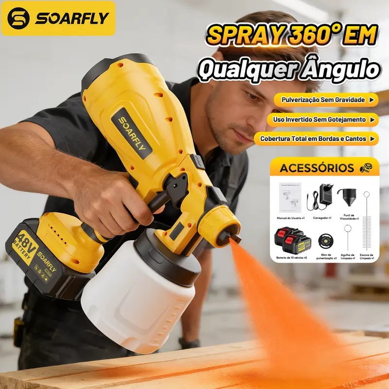 Pistola de Pintura 48V 800ml – Pulverizador Portátil Alta Pressão 3000PSI para Carro, Móveis e Reformas Bivolt Sem Fios
